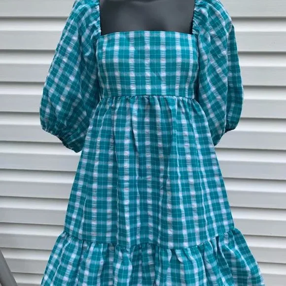 Amanda Uprichard | Dresses | Amanda Uprichard Lucietta Blue Plaid Babydoll  Ruffle Puff Sleeve Mini Dress